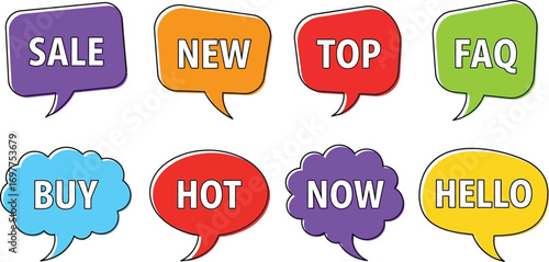 Colorful speech bubbles with various marketing and communication words, perfect for promotions and engagement