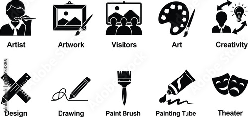 Collection of artistic icons representing creativity, design, and performance arts
