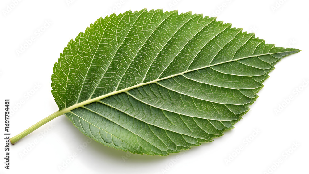 Fototapeta premium Vibrant green leaf with intricate veining and serrated edge texture nature