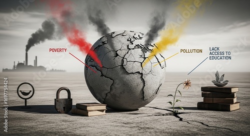 Global Issues Earth's Problems and Environmental Concerns Depicted as Pollution, Poverty, Lack of Education, and Impacts on the Globe's Vulnerability