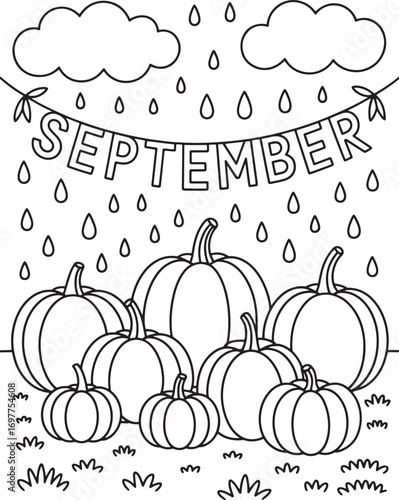 Outlined pumpkins gather under September showers and clouds, a transparent coloring template