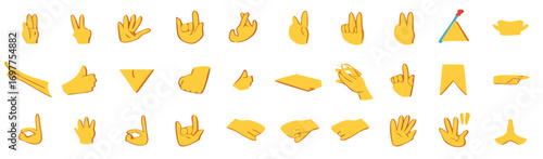All type of hand emojis, gestures, stickers, emoticons flat illustration symbols set, collection. Hands, handshakes, muscle, finger, fist, direction, like, unlike, fingers collection, vector emojis.