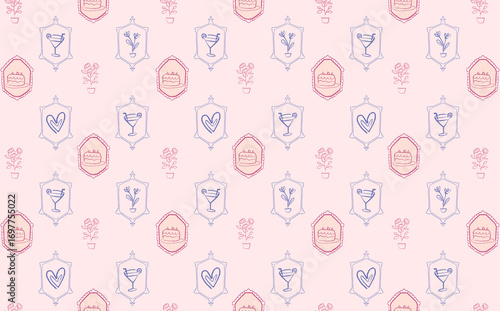 Seamless pink pattern with cakes, cocktails, and floral motifs. Feminine and elegant design for party decor, invitations, textiles, wrapping paper, and lifestyle products.