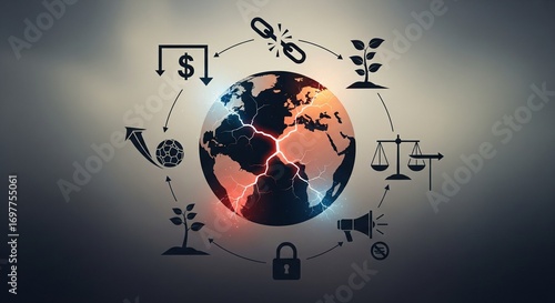 Sustainable Global Economy Balancing Growth, Resources, and Security for a Flourishing Planet, Representing Interconnectedness, Resilience, and Ethical Considerations