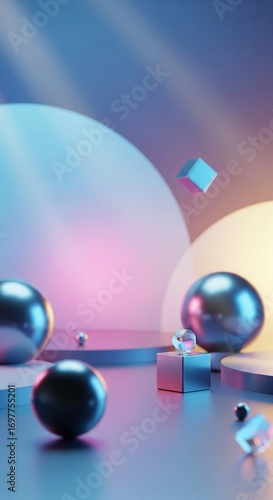 Abstract 3D render showcasing geometric shapes, spheres, cubes, and a podium, all illuminated with vibrant pastel colors, creating a visually stunning and modern composition