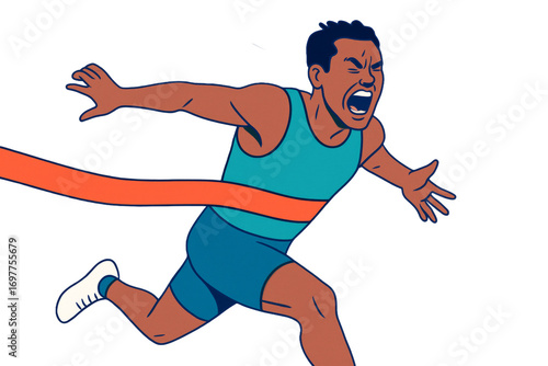 Cartoon athlete crossing finish line with intense expression, clean graphic style on white background, concept of victory and determination. Ai generative