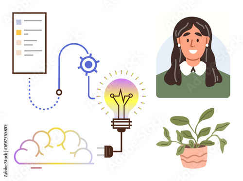 Flowchart linking tasks, glowing light bulb, female professional, potted plant, cloud of ideas. Ideal for teamwork, creativity, innovation, organization productivity sustainability leadership