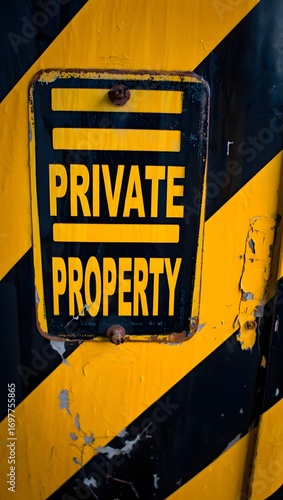 Warning sign private property yellow black stripes security danger caution notice access restricted area