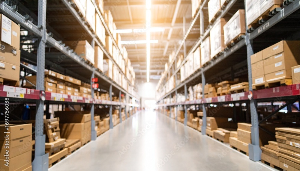Warehouse aisle with tall shelves of cardboard boxes and bright vanishing point Warehouse aisle with tall shelves of cardboard boxes and bright vanishing point