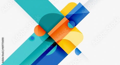 Abstract geometric shapes creating a dynamic composition with vibrant colors, clean lines, and a minimalist aesthetic, perfect for modern design backgrounds and digital art presentations