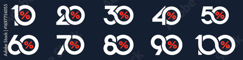 set of collection of discount numbers, Sale icons or tags with 10, 20, 30, 40, 50, 60, 70, 80, 90 percent discount. Vector illustration.