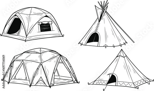 Diverse collection of camping tents, including dome, teepee, and geodesic styles.