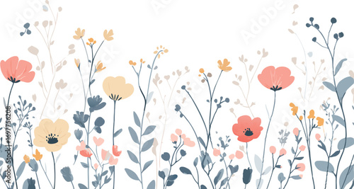 Delicate watercolor wildflowers in soft pastel colors blooming on a white background