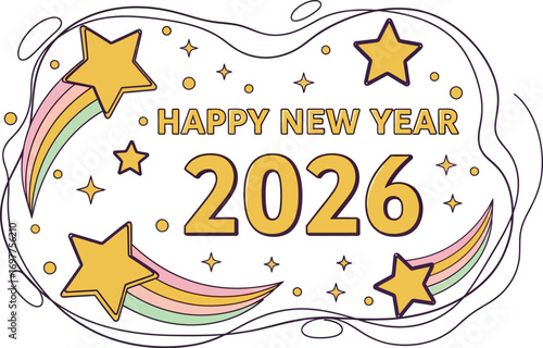 2026 New Year celebration with stars and confetti, wishing happiness and bright future.