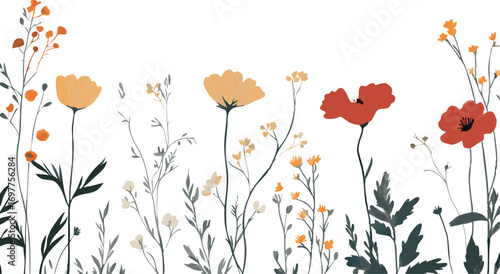 Delicate watercolor wildflowers in red orange and yellow bloom against a white background