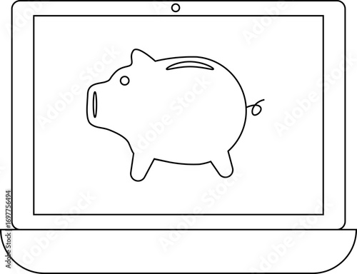 laptop icon and piggy bank icon with white background