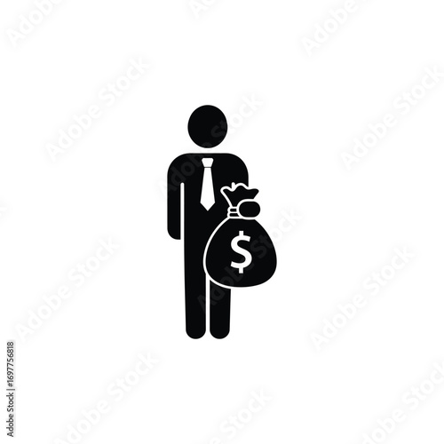 A minimalist icon representing a successful businessman or investor holding a bag of money, symbolizing wealth, financial growth, profit, and economic achievement in a clear vector graphic