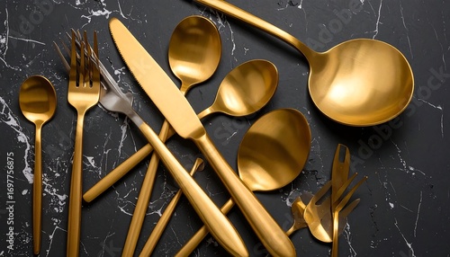 Golden cutlery set on a black marble surface