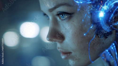 Wallpaper Mural Close-up portrait of woman with blue eyes enhanced by futuristic digital interface and glowing technological elements overlay Torontodigital.ca