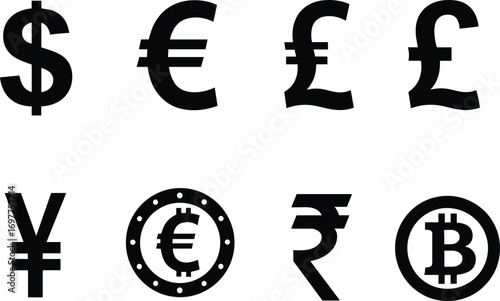 Global currency symbols vector, dollar, euro, pound, yen, rupee, bitcoin, financial icons, international money signs, black bold design