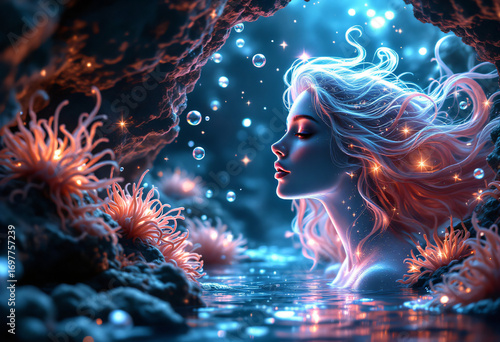 Woman submerged in water with flowing hair and glowing corals  