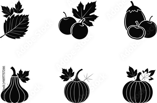 Fruit and vegetable silhouette vector, black and white, harvest elements, pumpkin, tomato, eggplant, leaf design, organic produce, botanical clipart, farm illustration