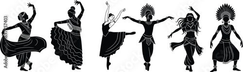 Global dance silhouette vector, traditional costumes, ballet, folk dancers, cultural celebration, ethnic movement, performing arts, international dance styles, festive illustration