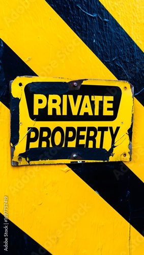 Warning sign private property yellow black stripes caution security no trespassing private area