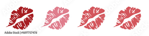 Set imprint kiss lips. Red, pink and brown silhouettes isolated on transparent background. Realistic vector beautiful kiss.