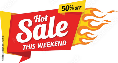 Exciting 50% off hot sale banner with fiery flames, perfect for weekend promotions.