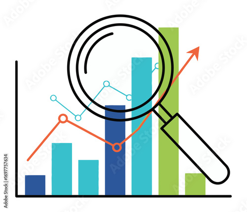 Analyzing growing business bar chart with magnifying glass and upward trending arrow showing financial success and market growth