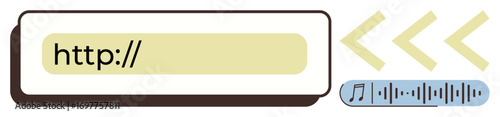 URL bar with playback controls, navigation arrows, and audio wave. Ideal for web design, streaming, podcasts, media, navigation digital tools tech education. Simple flat metaphor