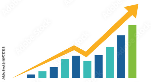 A rising business growth bar chart with an upward trending arrow showing positive financial investment and market strategy success