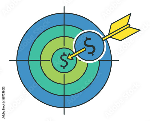 Aiming for financial success hitting the bullseye with an arrow landing on the money symbol target for prosperity and growth