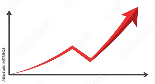 A powerful red upward trending arrow graph illustrating financial growth profit increase and positive business development over time