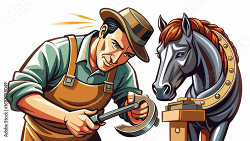 Close-up portrait of male farrier fitting a horseshoe. Isolated white background showcases strength, care, and equestrian tradition.