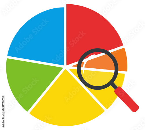Colorful pie chart with a magnifying glass examining a section representing data analysis and business insights