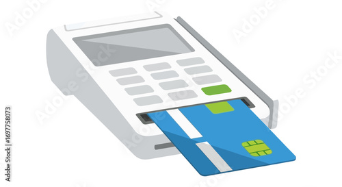 A modern credit card terminal is shown with a blue payment card being inserted into the slot for a transaction