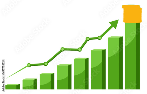 A rising green bar chart showing upward trend and success with an arrow pointing towards the goal at the top