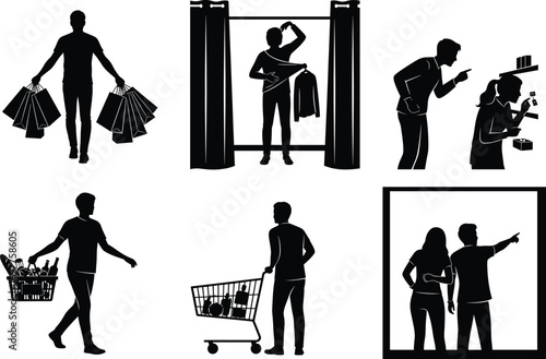 Shopping silhouettes, retail activities, customer interaction, grocery basket, fashion fitting room, window browsing, shopping cart, black vector icons, commercial illustration, consumer behavior