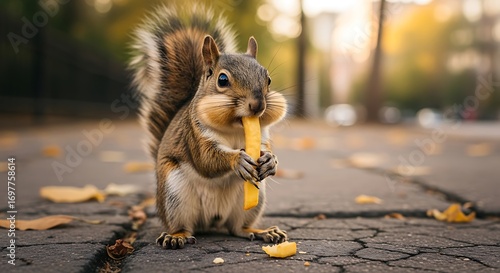 A playful squirrel devouring a snack on the pavement in a urban park