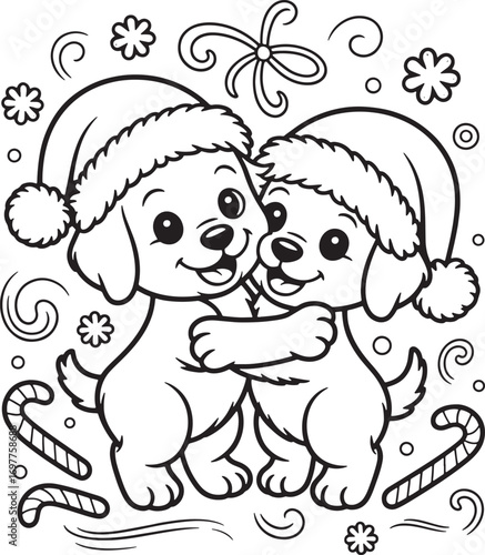 Two happy puppy pals wearing Santa hats are hugging each other lovingly