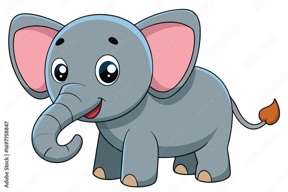 Naklejka premium Cartoon Style Gray Elephant with Big Eyes and Tail on White Background