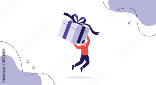 A joyful person elevates a generous gift box upwards
