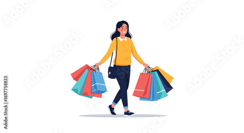 Young woman happy shopping carrying many colorful bags full of purchases