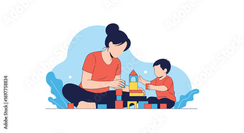 Mother and child building colorful towers with wooden blocks learning through play activities