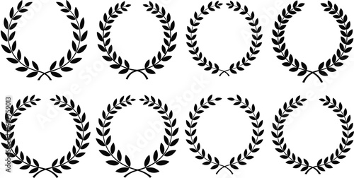 Set of black laurel wreaths icons, classic decorative symbols representing victory, honor, achievement, success, and excellence on white background.