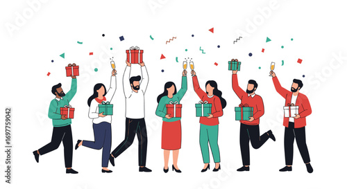 Happy people celebrating with presents and confetti at a party