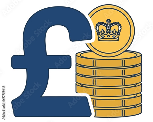 British pound currency symbol alongside a stack of golden coins representing wealth and financial investment opportunities