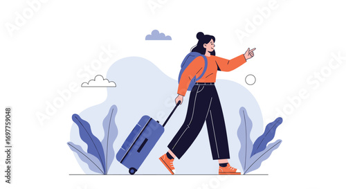 Woman walking with luggage and backpack on a trip
